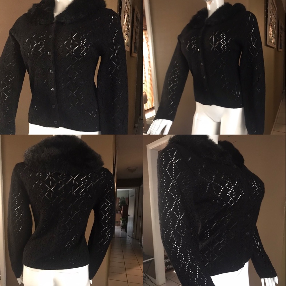 Carole Little Black Sweater w/Faux Fur Collar